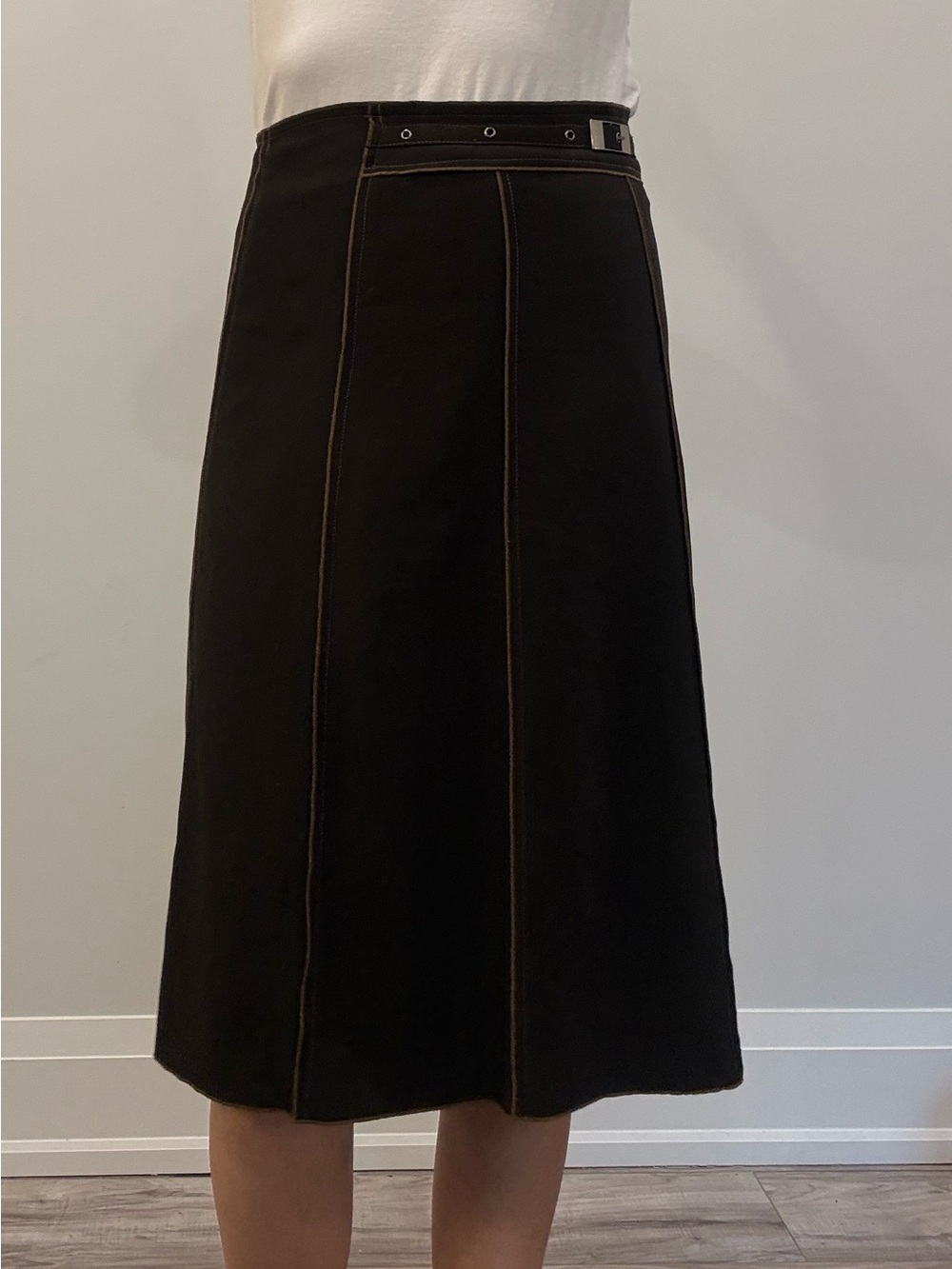 Dark Brown A-Line Skirt with Contrast Topstitch‎